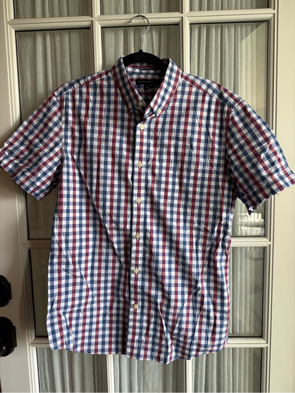 Banana Republic Men's Short-Sleeve Check Shirt Navy Red Button-Down Sz M